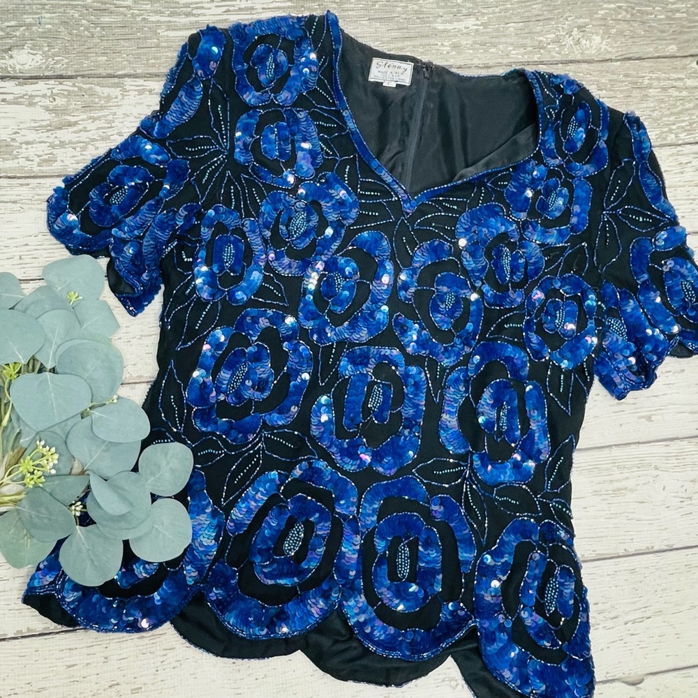 Vintage Stenay Evening Beaded Sequin Blouse Top